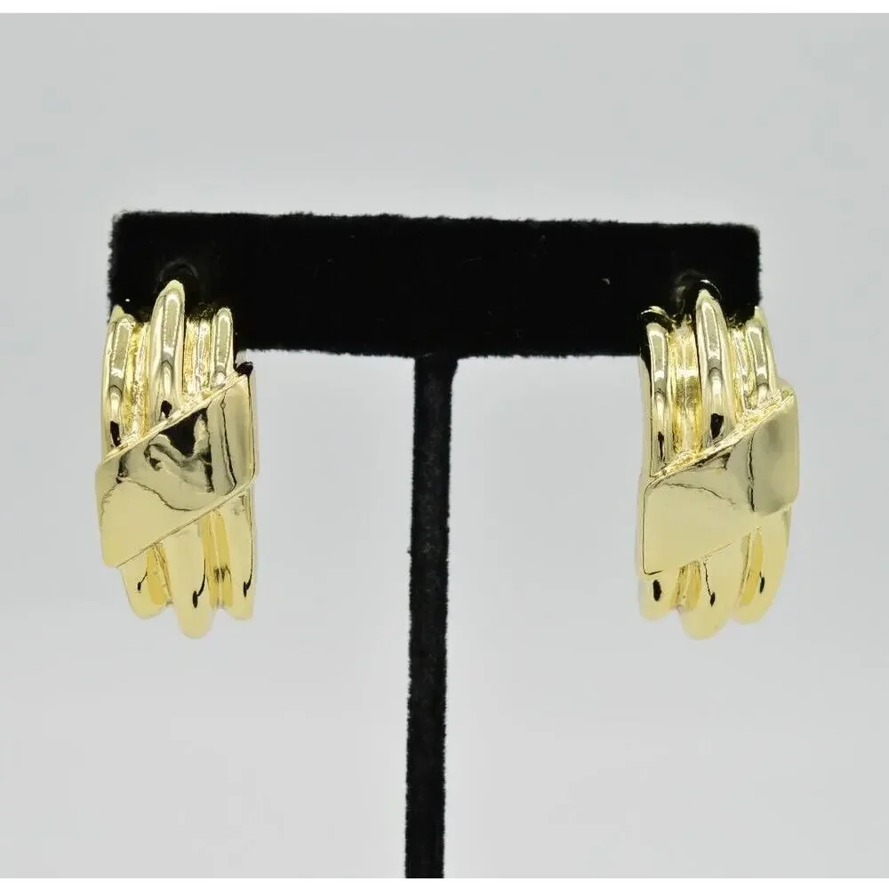 Vintage Pierced Earrings Demi Hoops Shiny Sandy Gold Tone Chunky NOS 1980s 9L
